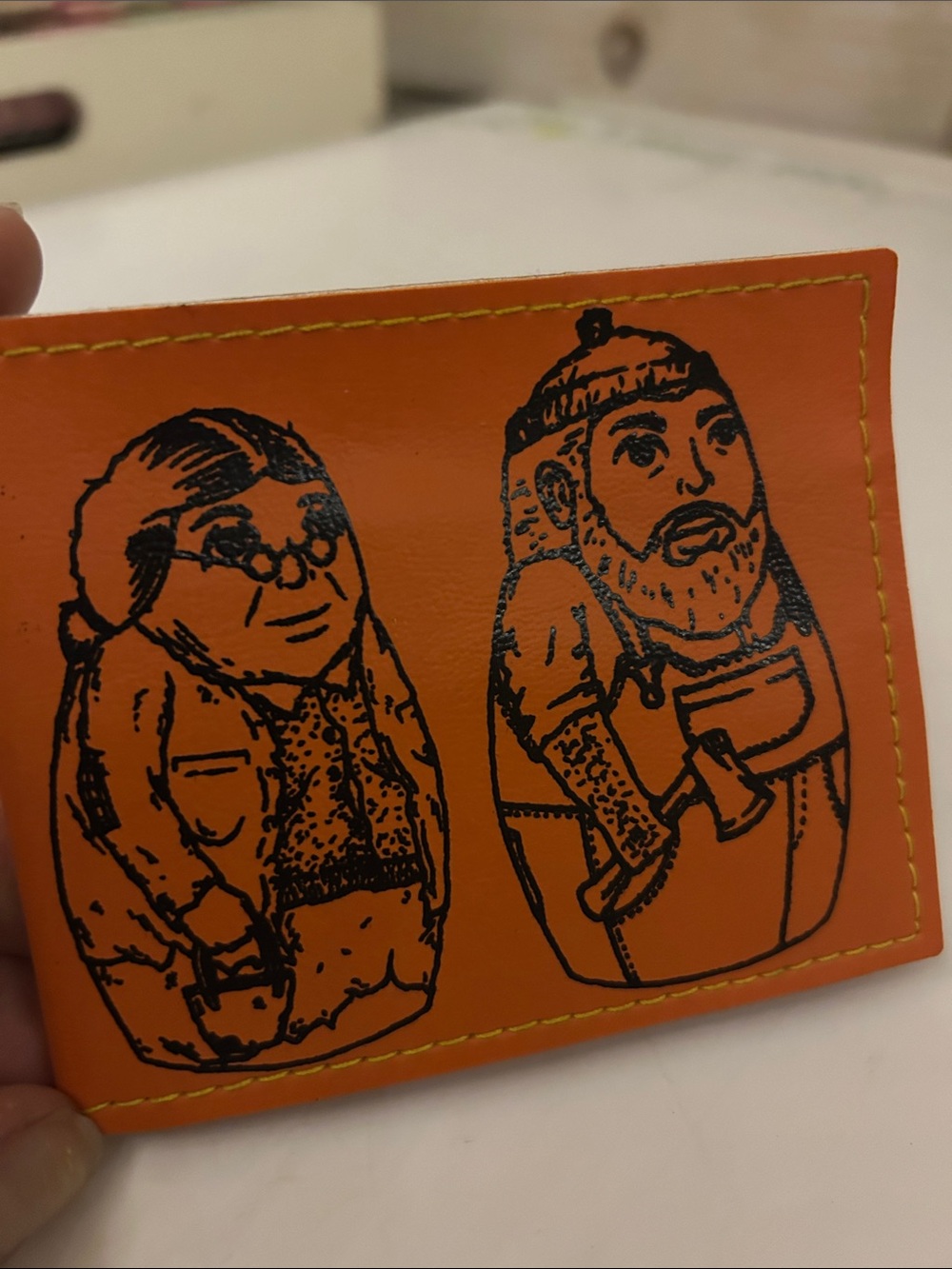 Orange Leather Card Holder with Illustrated Dwarves